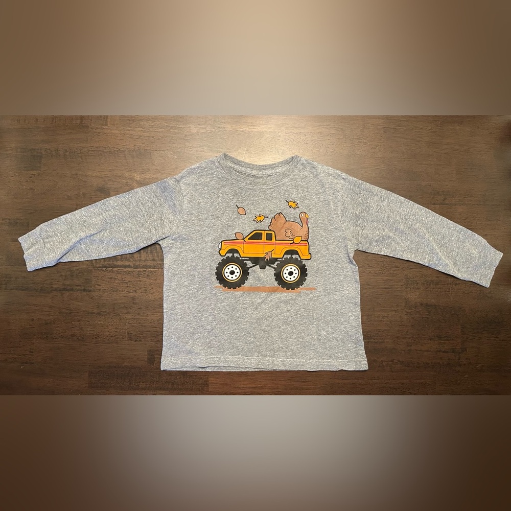 Hybrid Apparel Gray Long Sleeve Toddler Tee with Turkey in Orange Monster Truck